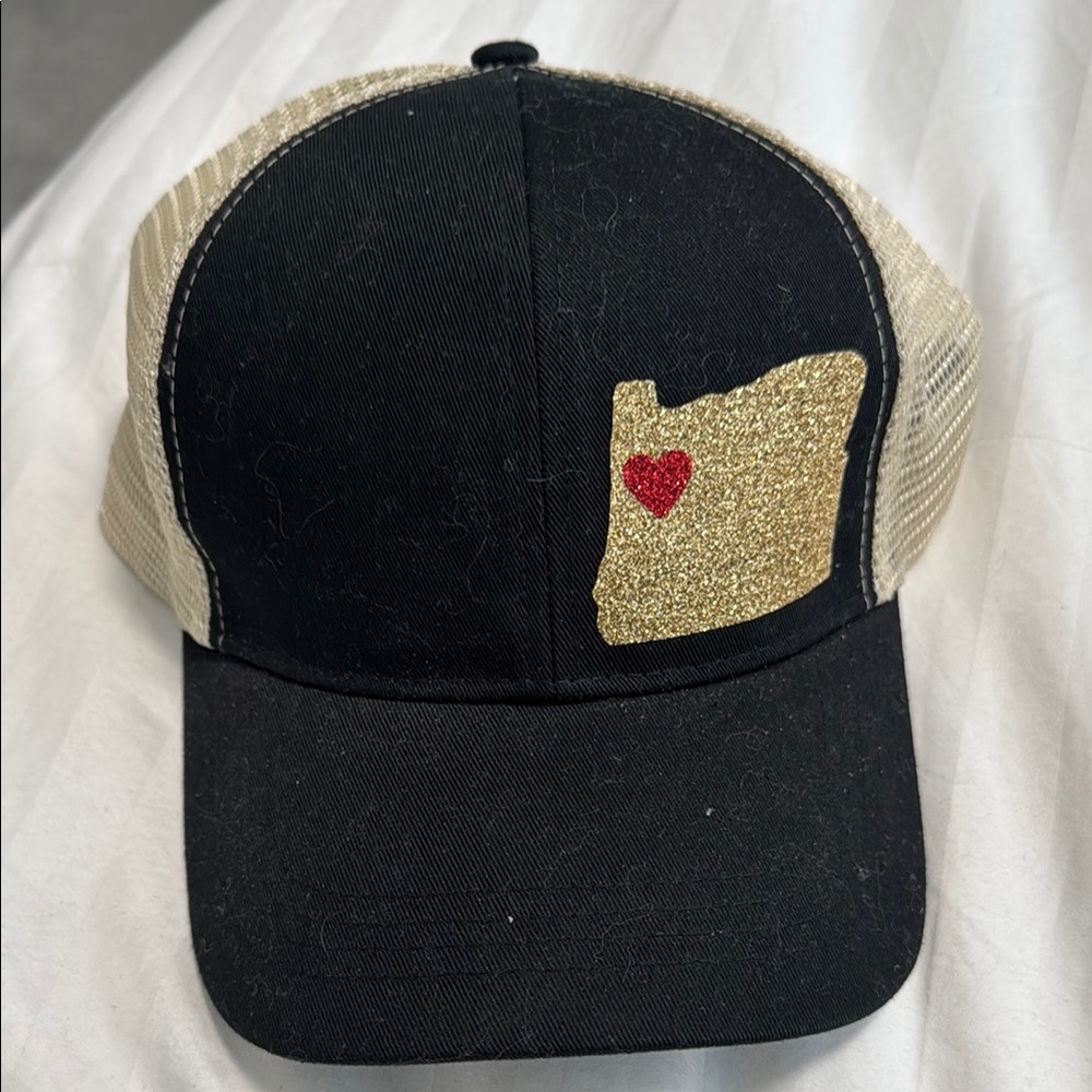 Black and Gold Trucker Hat Oregon State with Heart Design